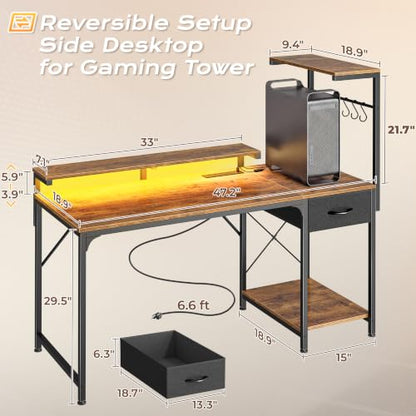 PRAISUN 47.2 Inch Gaming Desk with LED Lights & Power Outlets - color: Rustic Brown, size: 47.2 Inch