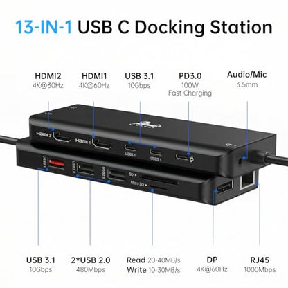 13-in-1 Docking Station Dual Monitor 4K, LIONWEI USB C Dock for Laptop Mac - color: Black-13 IN 1(2 HDMI+DP)