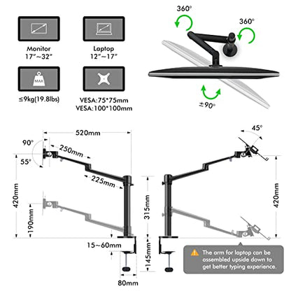 Viozon Monitor and Laptop Mount, 2-in-1 Adjustable Dual Arm Desk Mounts Single Desk Arm Stand/Holder for 17 to 32 Inch LCD Computer Screens, Extra Tray Fits 12 to 17 inch Laptops (Black) - color: Black
