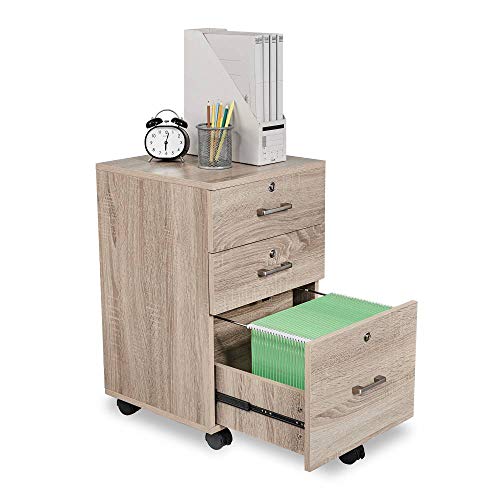 Bonnlo 26"H 3 Drawer File Cabinet with Lock, Rolling File Cabinet Under Desk, Mobile File Cabinets for Home Office, Wood File Cabinet Printer Stand for Letter Size File Folders, Assembly Required, Oak - color: Oak