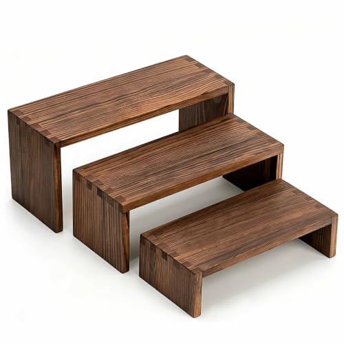 Set of 3 Wooden Display Risers, Tiered Display Stand, Shelf Risers for Table Display, Small Wood Display Shelf - color: Cranberry