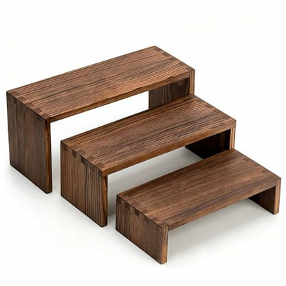 Set of 3 Wooden Display Risers, Tiered Display Stand, Shelf Risers for Table Display, Small Wood Display Shelf - color: Cranberry