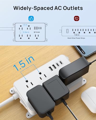 TROND 360° Rotating Power Strip, 1300J Surge Protector, 5ft, White - color: White, size: 5ft, style: 5 Outlets - with Rotating Plug
