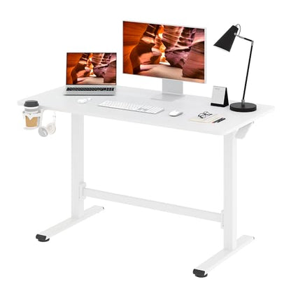 48''Pneumatic Standing Desk,Onepiece Adjustable Height Home Office | White 47.2"x23.6" Large Home Desk Rolling Computer Workstation with Hooks & Cup Holder,Hidden Casters - color: White, size: 4724