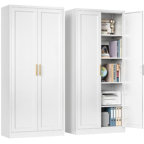 BESFUR 71" Tall White Kitchen Pantry Cabinet, Metal Food Storage Cabinet with 4 Adjustable Shelves, Freestanding Cupboard with Doors for Kitchen, Dining Room, Living Room, Bathroom, Laundry Room - color: White, size: 71"Hx 28"Wx 14"D