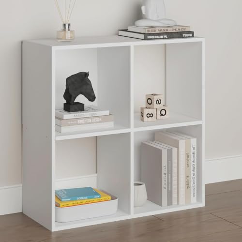 4-Cube Bookshelf, Open Back Storage Shelves, Heavy Duty Wood Cubby Organizer for Small Spaces, Dorm Room Apartment Office, Unit for Book Toy Record Player Display (White, 4-Cube) - size: 4-Cube