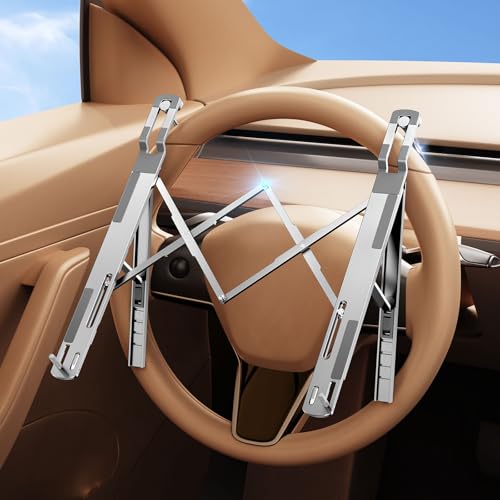 Car Laptop Mount Steering Wheel Tray Holder, Height Adjustable Car Desk for Laptop Computer Tablet, Foldable Portable Lap Laptop Stand for Car Vehicle Workstation Accessories Truck SUV Tesla - color: Metallic Silver