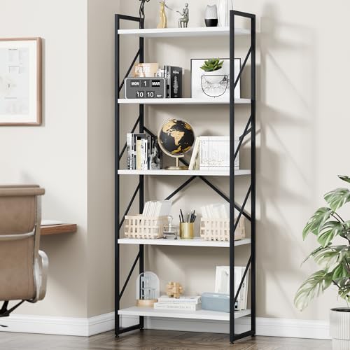 Vongrasig 5 Tier Metal Bookshelf, Narrow Industrial Bookcase, White - color: White