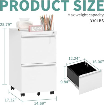 Guizeeopo 2 Drawer Locking File Cabinet, Fully Assembled Heavy-Duty Metal Filing Cabinets for Home Office, Quiet Slides, Anti-Tipping Wheels, Fits A4/Letter/Legal, Matte White - color: 03-b White