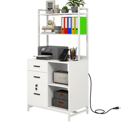 Vertical File Cabinet with Charging Station,Filing Cabinets for Home Office | Large Printer Stand with Open Storage Shelves, 3 Drawer Filing Cabinet with Lock fits Letter/A4 Size, White - color: White