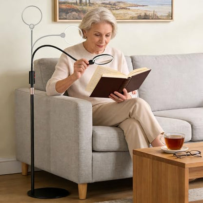 10X Floor Magnifying Glass with Light and Stand,360° Flexible Gooseneck Floor Magnifying Lamp,3 Light Modes,Height Adjustable,Hands Free Magnifier for Reading,Close Work,Craft,Sewing for Seniors