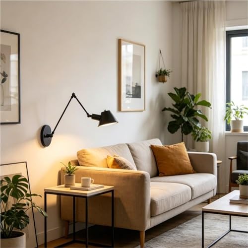 Vintage Black Swing Arm Wall Sconce Adjustable Metal Reading Lamp Warm Light Mounted for Bedroom Headboard Study Room Living Sofa Side