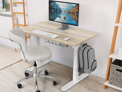 SHW 40 x 22 Inches Electric Height Adjustable Sit to Stand Desk, Maple | with Hanging Hooks and Cable Management, White Frame and Maple Top - color: Maple, size: 40-Inch