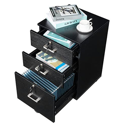 2 Drawer File Cabinet with Lock, Wood File Cabinet for Letter Size File Folders, Rolling File Cabinets with Deep Drawer Storage for Under The Desk, Mobile Filing Cabinet Printer Stand (Black)