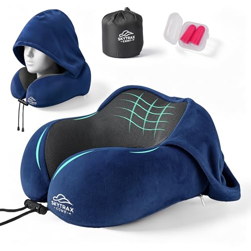 SkytraxComf® Travel Neck Pillow with Hood for Privacy on Long Flights | Memory Foam | Airplane Sleep | Safety-Tested Materials | Extra Large Hood | Chin Support | Earplugs | Washable Cover - color: Navy Blue