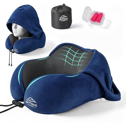 SkytraxComf® Travel Neck Pillow with Hood for Privacy on Long Flights | Memory Foam | Airplane Sleep | Safety-Tested Materials | Extra Large Hood | Chin Support | Earplugs | Washable Cover - color: Navy Blue