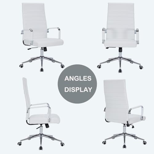 White Leather Ribbed Office High-Back Desk Conference Chairs with Wheels | Ergonomic High-Back Executive Chairs with Wheels Adjustable Swivel Computer Task Desk Chair with Arms and Thick Padded Seat - color: White, size: High Back