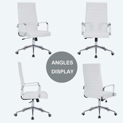 White Leather Ribbed Office High-Back Desk Conference Chairs with Wheels | Ergonomic High-Back Executive Chairs with Wheels Adjustable Swivel Computer Task Desk Chair with Arms and Thick Padded Seat - color: White, size: High Back