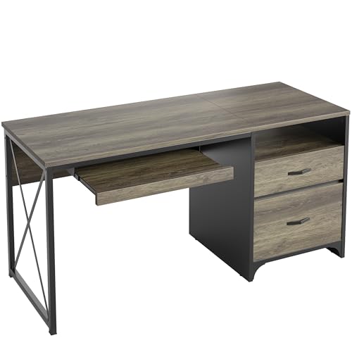 Bestier Office Desk with Drawers, 55 inch Industrial Computer Desk with Storage, Wood Teacher Desk with Keyboard Tray & File Drawer for Home Office, Dark Gray Oak - color: Dark Gray Oak