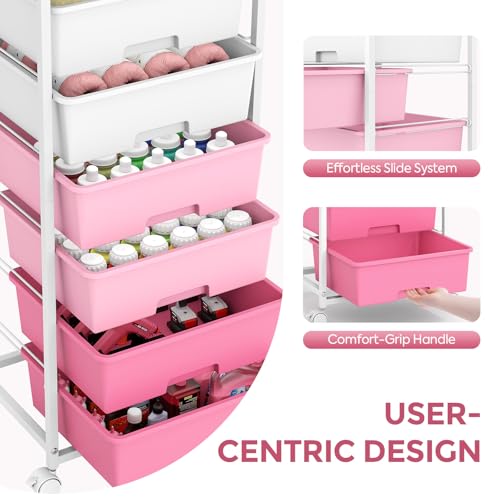 6 Drawer Rolling Storage Cart with Wooden Top and Wheels for Crafts, Pink - color: Pink