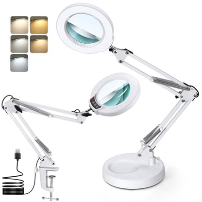 12X Magnifying Glass with Light and Stand, Real Glass Lens Desk Lamp, Lighted Magnifier with Light Stepless Dimming Hands Free for Craft, Reading, Painting, Sewing, Solder - White - color: White