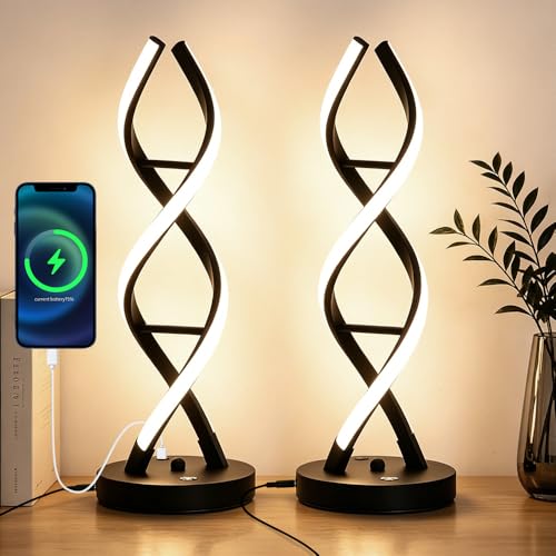 LED Modern Table Lamp, Stepless Dimmable Spiral Table Lamps for Bedroom, 3 Colors Touch Control Bedside Nightstand Lamp with 1 USB Charging Ports, Desk Lamps for Living Room (Black 2-Pack) - color: Black 2 Pack