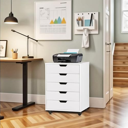 Nouva 5-Drawer File Cabinet Chest - Vertical Mobile Filing Cabinet w/Wheels,Under Beside Desk Chest Storage Printer Stand for Home Office,White - color: White