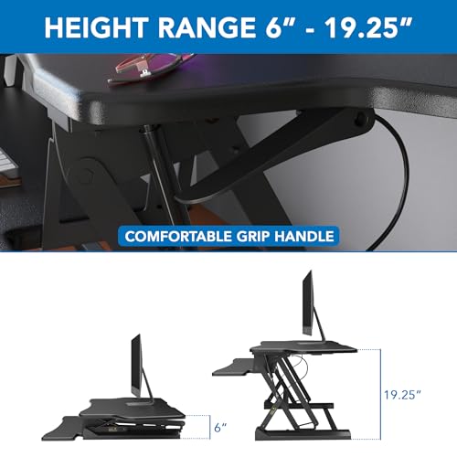 Mount-It! Standing Desk Converter 48" Wide Sit Stand Extra Large Desk Riser | Tabletop for 2 Monitors, Keyboard Tray & Device Slot, Height Adjustable from 6"–19.25" with Dual Gas Spring Handles, Black
