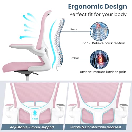 Drafting Chair, Tall Office Chair with Flip-up Armrests Executive Ergonomic Computer Standing Desk Chair, Office Drafting Chair with Lumbar Support and Adjustable Footrest Ring - color: Pink&white