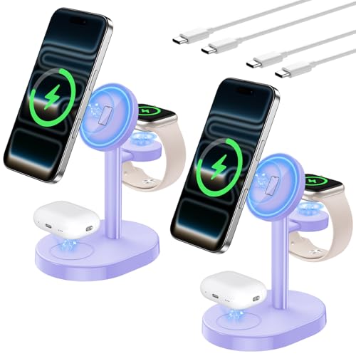 Hevanto 2026 3 in 1 Wireless Charging Station for Apple MagSafe Charger, 15W Fast Magnetic Mag-Safe Charger Stand for iPhone 17 16 15 14 13 12 Watch AirPods, 2 Pack(Adaptor Not Included) - color: 2Pack_MagPurple, size: 15W
