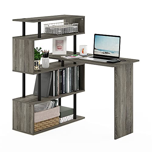 Furinno Moore L-Shape Computer Desk with 5-Tier Shelves, French Oak | L-Shape Gaming Desk, Reversible, Computer Desk, for Home Office, Bedroom - color: French Oak/Black
