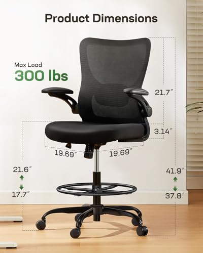 Marsail Drafting Chair, Tall Office Chair with 2D Lumbar Support, Standing Desk Chair with Padded Flip-Up Armrests & Adjustable Footrest Ring, Black - color: Black
