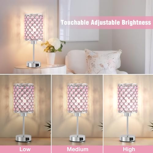 Crystal Table Lamp, Pink Touch Lamp with USB C+A Port, 3-Way Dimmable - color: Pink, size: 14.75"