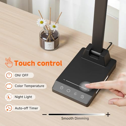 ShineTech LED Desk Lamp for Home Office, Foldable Reading Lamp with Adapter | Foldable, 25 Lighting Modes and Dimmable, Touch Control, Eye-Caring LED Light for Bedroom Nighstand with Small Night Light - color: Black