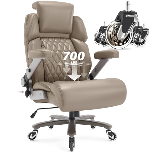Big and Tall Office Chair 700lbs, Ergonomic High Back Computer Desk Chair | Adjustable Headrest&Lumbar Support, 3D Flip Arms, Large Wheels, Heavy Duty Metal Base, Thick Padded Wide Seat Executive Chair - color: Khaki