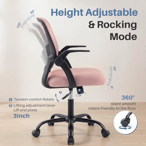 DUMOS Office Chair, Ergonomic Home Desk Chair, Ergonomic Lumbar Support - color: Pink Flip Arm
