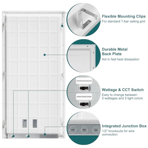 kadision 2x4 LED Flat Panel Light, 60W/50W/40W/30W/25W Adjustable, 5000K/4000K/3500K Selectable, 6600lm Dimmable LED Drop Ceiling Light Fixture, 100-277V ETL-Listed, 4-Pack