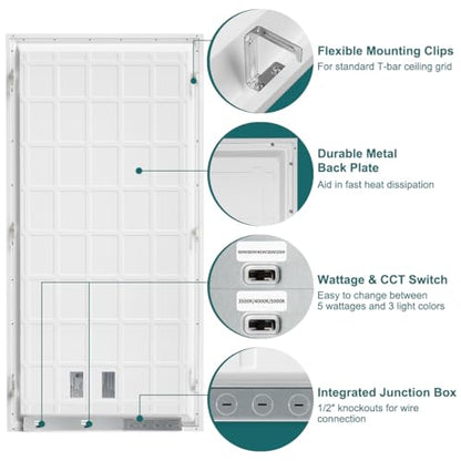 kadision 2x4 LED Flat Panel Light, 60W/50W/40W/30W/25W Adjustable, 5000K/4000K/3500K Selectable, 6600lm Dimmable LED Drop Ceiling Light Fixture, 100-277V ETL-Listed, 4-Pack
