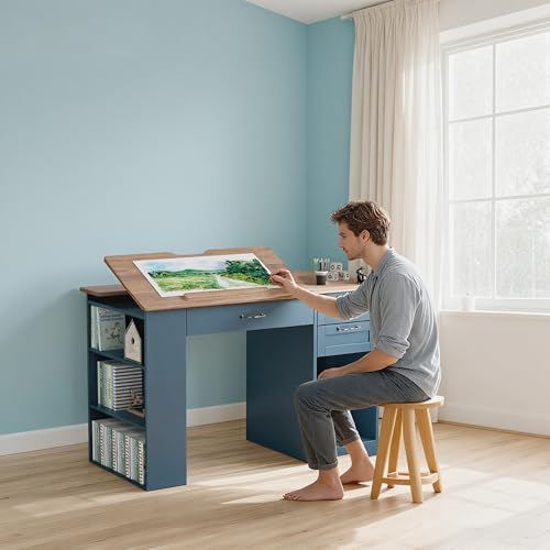 Drafting Table with Storage Cabinet & Drawers, Adjustable Drawing Desk with Open Shelves, Craft Table Painting Desk for Artists, Painters, Drawing, Crafting, Reading, Writing, Working (Blue) - color: Blue