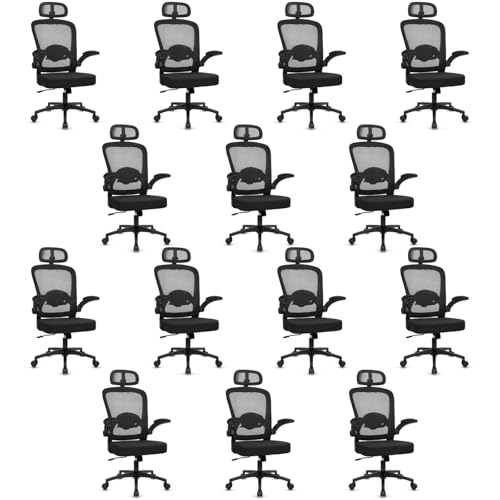 KLASIKA Desk Chairs with Wheels, Ergonomic Mesh Back Home Office Chair with Headrest, Adjustable Lumbar Support Swivel Rolling Computer Chairs Flip Up Arms for Conference Meeting Room, Black, 14PK - color: Black_villy_headrest, size: 14PK
