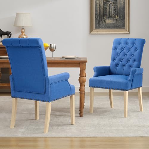 LOULENS Linen Dining Chair with Arms, Tufted Dining Room Chairs, Dark Blue | Solid Wood Legs, Nailhead Trim, Accent Chair, Kitchen Chair - color: Dark Blue, size: 1 PCS