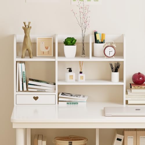 Cute Bookshelves Cute Bookshelf for Desk Kawaii Desk Organizer with Drawer Office Desk Organizers and Accessories Storage Home Decor Display (White) - color: White