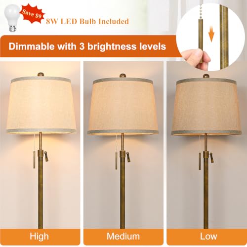 Antique Brass Floor Lamp Adjustable Height 55" to 65" Tall 3 Brightness Way - color: Antique Brass+Beige Shade