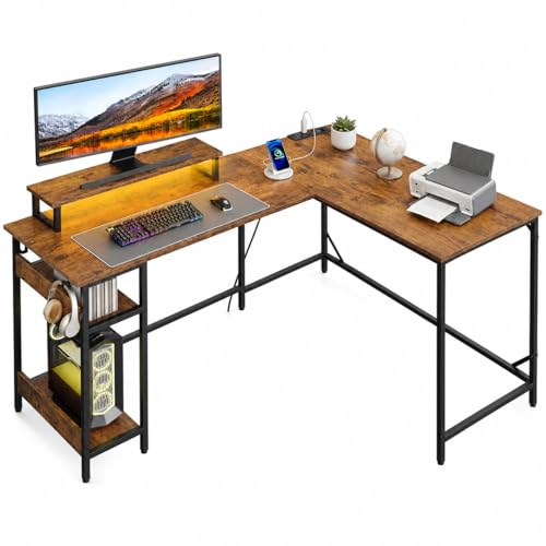 DEVAISE 60 Inch L Shaped Gaming Desk with LED Lights, Rustic Brown | Steel frame and engineered wood desktop with 2 AC outlets, 2 USB ports, monitor stand, and shelves for gaming setups - size: 60 Inch