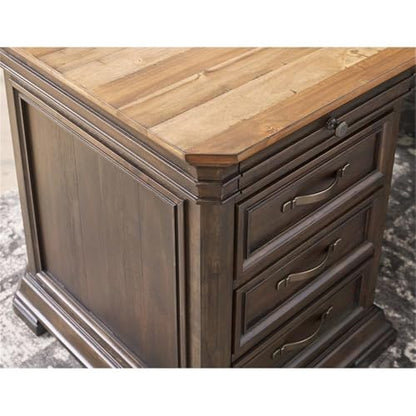 Bowery Hill Executive L-Desk & Return, 68 x 72 x 30 in, Solid Wood Plank Top, Brown Finish, Two-Tone Design, Antique Bronze Hardware, Dropfront Drawer, AC/USB Power Center, Fully Assembled Office Desk