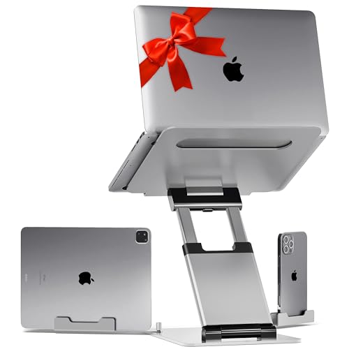 Lifelong 20" Tall Adjustable Laptop Stand with Phone & Tablet Holder | Ergonomic Aluminum Laptop Riser, Portable Foldable Computer Stand, Fits 10-17” Laptops for Desk - color: 2. Silver, size: 2. Up to 17" Laptop + 8" Phone