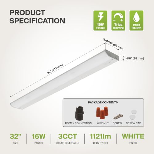 ASD LED Under Cabinet Lighting, 32 inch 16W 1057 LM Dimmable Hardwired Under Cabinet Lights for Kitchen, 3000K Soft/4000K Cool/5000K Daylight, Under Counter Light Fixtures, ETL, White, Bullnose Design - color: 32 Inch White, size: 1 Pack