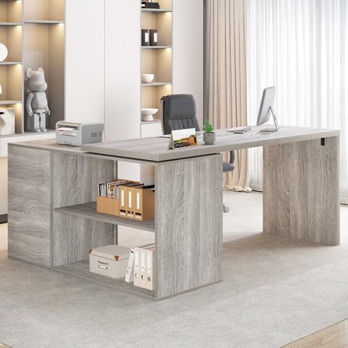 HSH Grey L Shaped Computer Corner Desk with 3 Storage Drawers 55 inch | Reversible Home Office Corner Desk with 2 Open Side Shelves Modern Wood Executive L Desks for Bedroom,Study Workstation - color: Light Grey Oak, size: 55 Inch