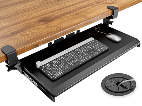 Hemudu Keyboard Tray Under Desk Pull Out with Extra Sturdy C Clamp Mount System, 27.3 (32.5 inch Including Clamps) x 11 Inch Slide-Out Platform Computer Drawer for Typing Black