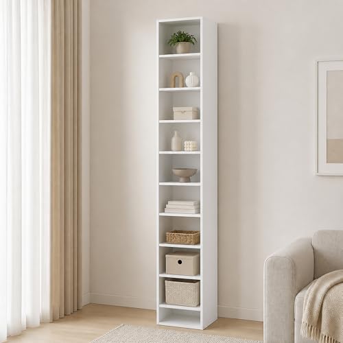10-Tier Narrow Bookshelf with Adjustable Shelf, 9-Inch Width Bookcase, Book Shelf with Storage Shelf, 9.2 x 11.8 x 78.7, for Living Room, Home Office, Bedroom, White - color: White, size: 10 Cube